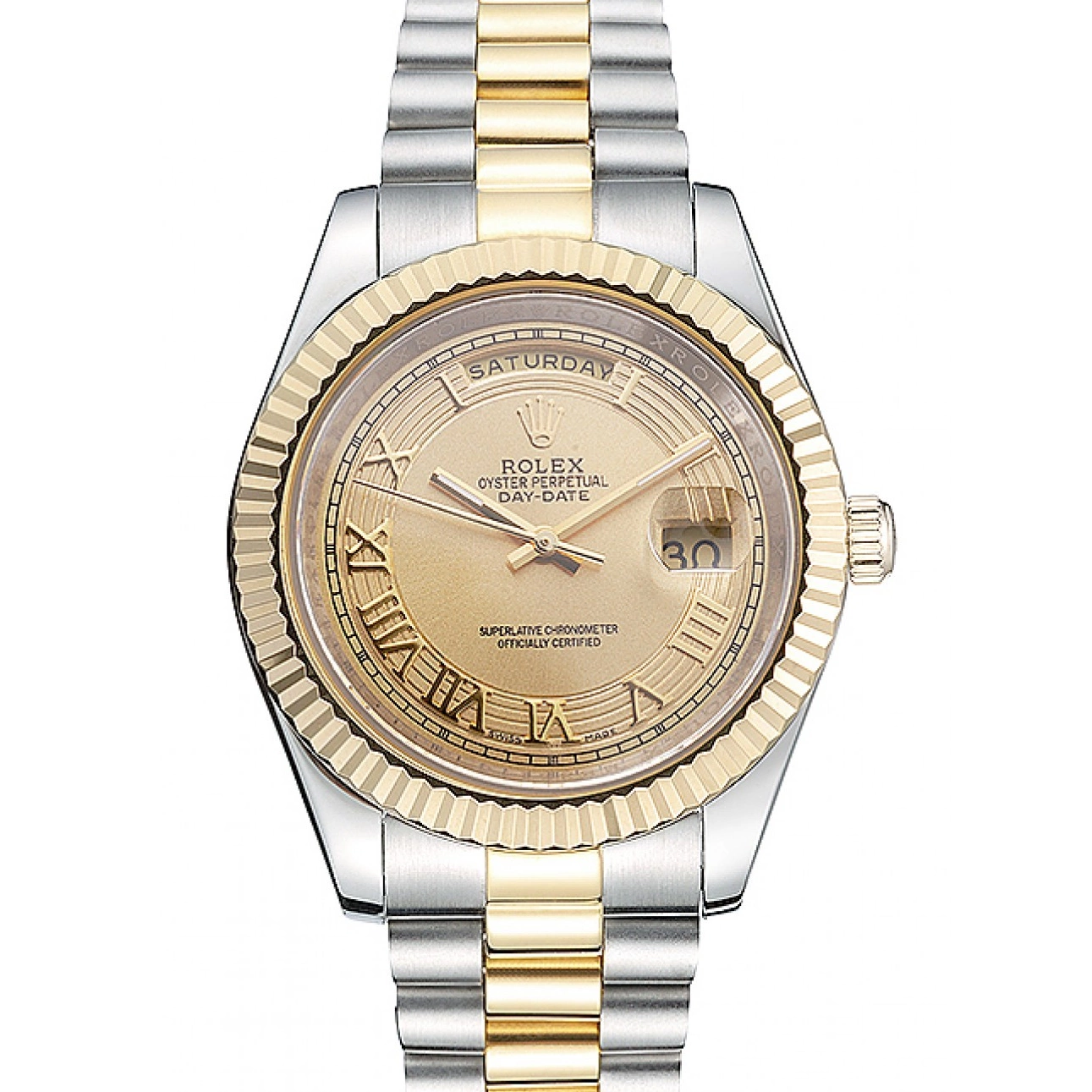 Aaa replica watch Plated Rolex Tone Day-Date Steel 18k Stainless Gold Dial Two Gold 0804